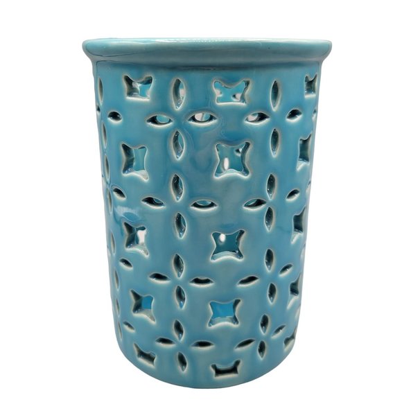 Cut Out Hurricane Candleholder Turquoise Ceramic Cost Plus - Picture 3 of 5